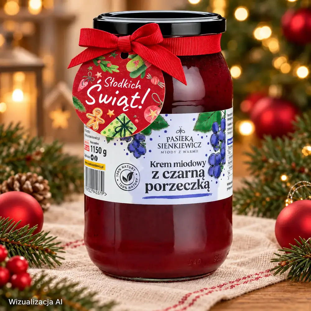 Krem miodowy 1150 g z zawieszką Słodkich Świąt! i ozdobną wstążką